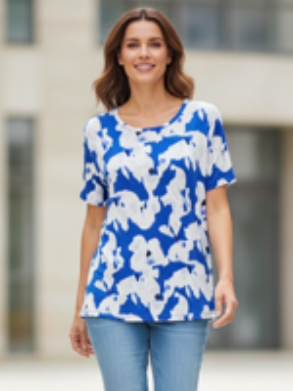 Nine West Floral Short Sleeve  Watercolor Pattern V-Crew Neck Top Size XL